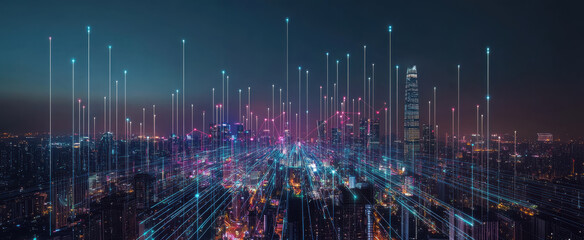 Obraz premium stunning aerial view of vibrant cityscape illuminated by colorful lights, showcasing futuristic digital network with beams of light extending into sky, creating sense of innovation and technology