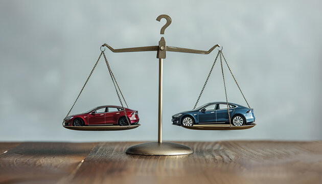 classic scales. On one pan is a car, on the other pan is another car, above the scales is a question mark