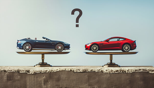 classic scales. On one pan is a car, on the other pan is another car, above the scales is a question mark