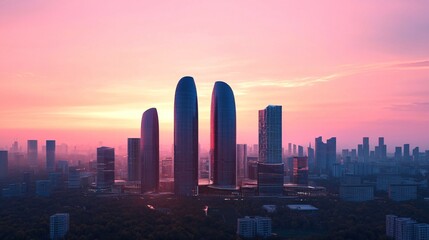 Fototapeta premium A stunning urban skyline during sunset, featuring futuristic skyscrapers against a colorful sky.