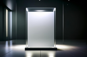 A white poster mockup in an illuminated glass holder showcases a transparent acrylic signage mockup with a glowing panel on a black background.