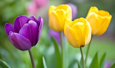 Fototapeta premium Vibrant yellow purple tulip field, Generative AI
