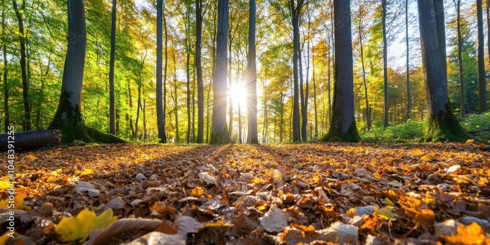 Poster sunlight filtering through tall trees in a golden forest, casting long shadows across a blanket of f