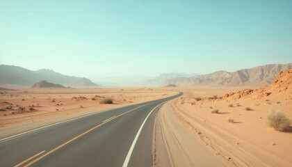 Fototapeta premium Scenic view of an empty road winding through a vast arid desert with distant rugged mountains under a clear blue sky