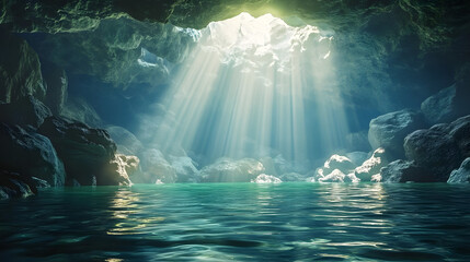 an underwater view of a cave with sunlight streaming through the water. generative ai