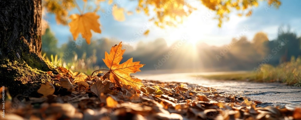 Poster soft rays of sunlight breaking through the branches of an autumn tree, illuminating the path covered