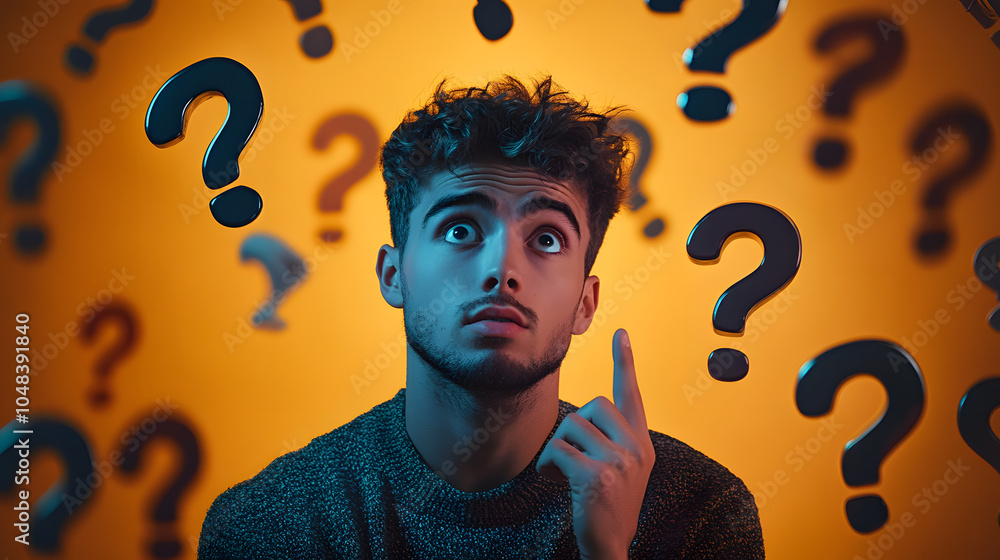 Poster young man is looking for a solution and is surrounded by many question marks