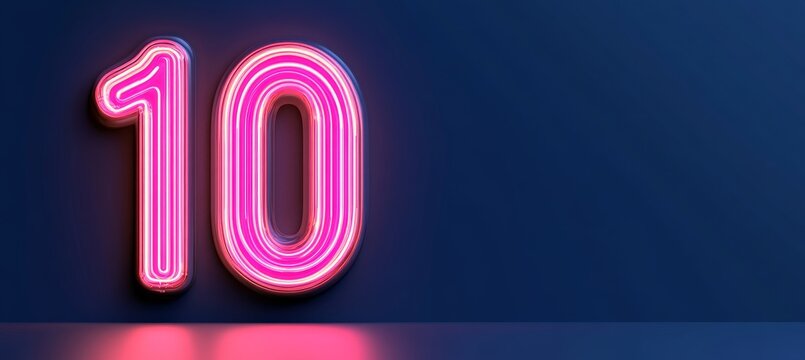Neon Number 10, Pink Neon Light Glowing Number Ten On Dark Blue Background. 3D Illustration.