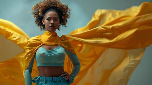 African-American young woman dressed in superhero costume with flowing yellow cape on grey background, looking at the camera, copyspace,, concept of fashion design, creative industry.