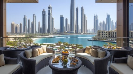 Modern Balcony View of Dubai Skyline and Marina