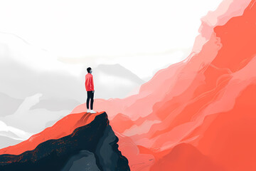 A young man stands on a rocky cliff, gazing at vibrant red mountains, embodying a sense of adventure and contemplation against a dreamy sky.