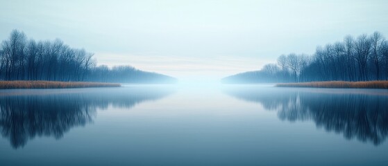 Fototapeta premium Serene River Landscape with Foggy Trees and Reflection