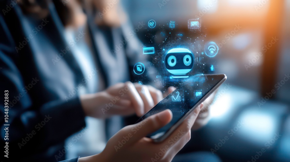 Aufkleber two people holding a smartphone with a chatbot icon and other technology icons in the background.