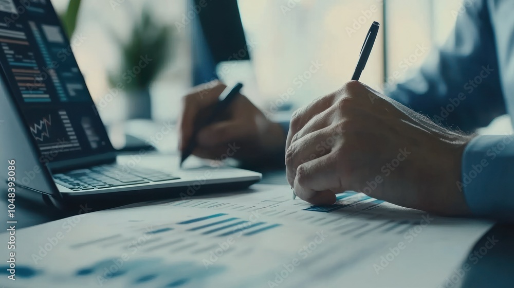 Poster close-up of a person's hand writing on a document with a pen while working on a laptop