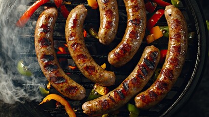 Fototapeta premium Grilled Sausages on Barbecue with Peppers