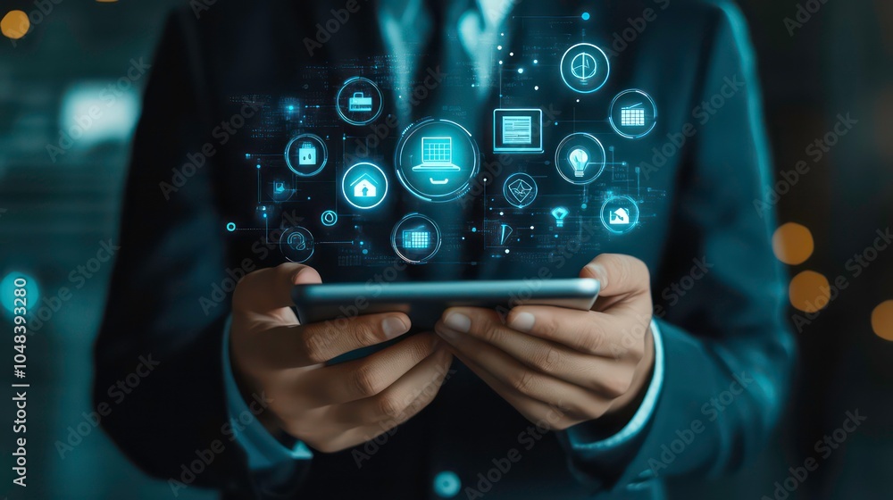 Aufkleber a businessman using a tablet with holographic icons representing smart home technology.