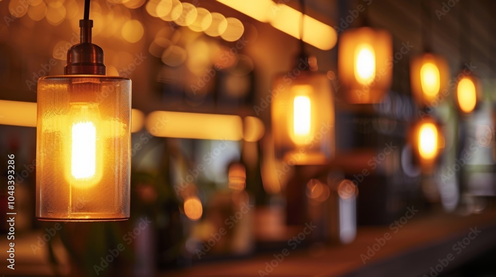 Poster a row of pendant lights creating a warm and intimate atmosphere in the evening.