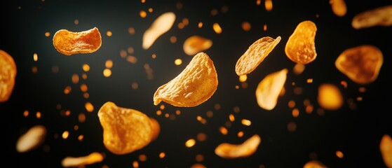 Potato Chips Flying Through the Air Against Dark Background Illuminated by Dramatic Lighting