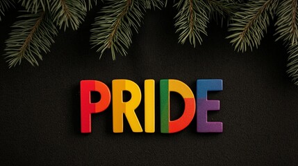 Colorful PRIDE ornament hanging among evergreen branches, celebrating diversity and inclusion in a festive atmosphere