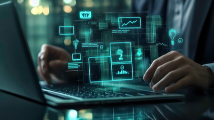 A businessman working on a laptop with various digital icons and data visualizations appearing above the keyboard.