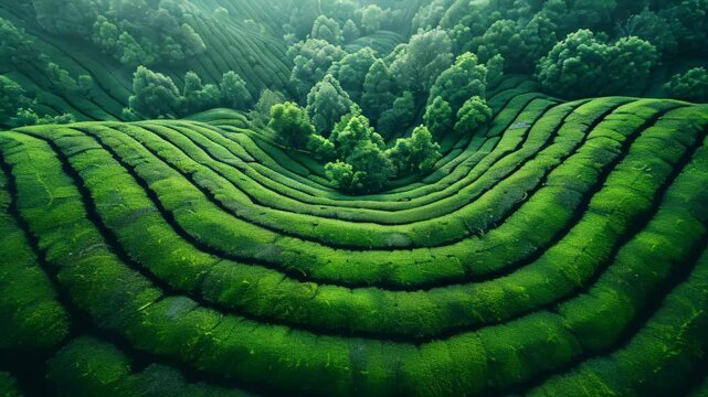 Spring tea plantations, Arial view with copy space. Panorama of a landscape filled with greenery tea plantation