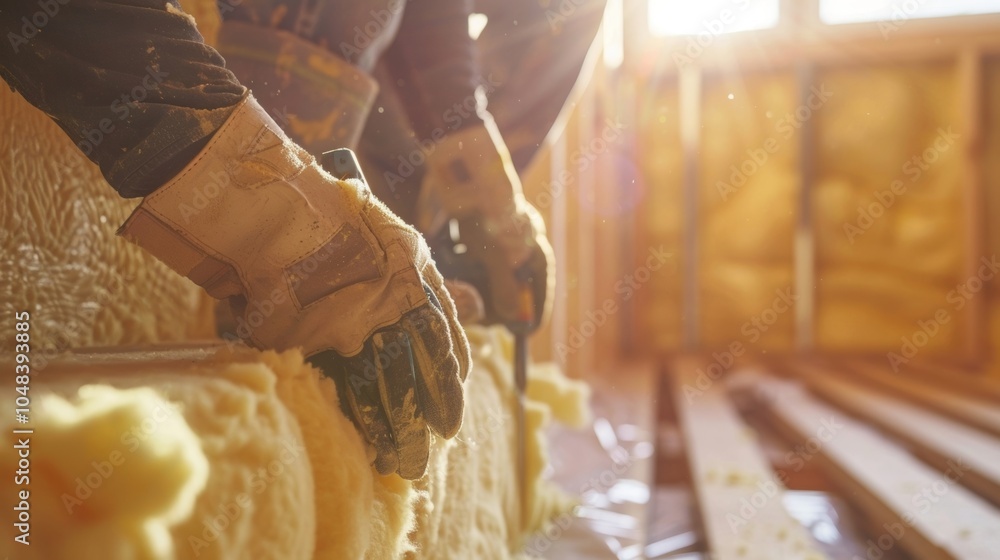 Poster a team of workers work in unison to quickly install insulation into a new home each with specialized