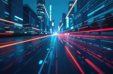 Digital data flow on the road with motion blur to create a vision of fast data transfer. Concept of future digital transformation, revolutionary innovation and agile business methodology.