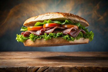 A large hamburger with lettuce, tomato, and ham