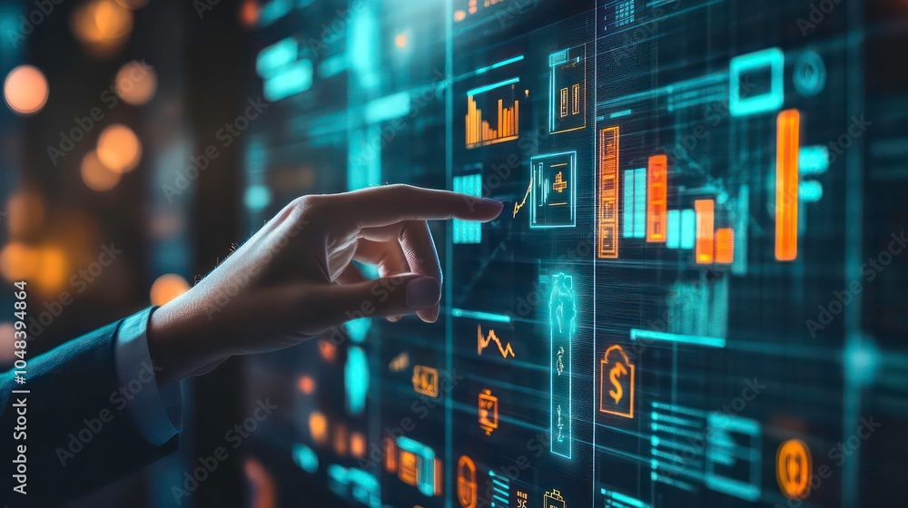 Fototapete a hand in a suit reaches out to touch a futuristic touchscreen interface with data and charts.