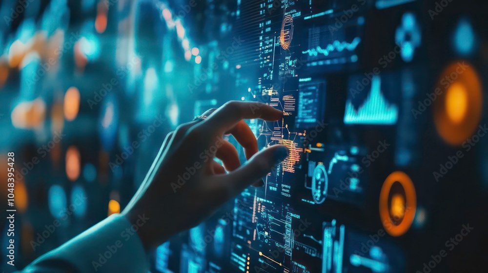 Aufkleber A hand interacts with a futuristic screen displaying data and analytics.