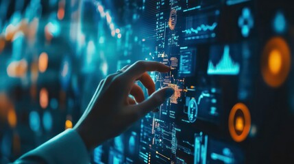 A hand interacts with a futuristic screen displaying data and analytics.