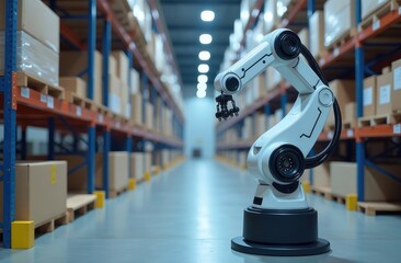 Smart robot arm systems for innovative warehouse and factory digital technology . Automation manufacturing robot controlled by industry engineering using IOT software connected to internet network