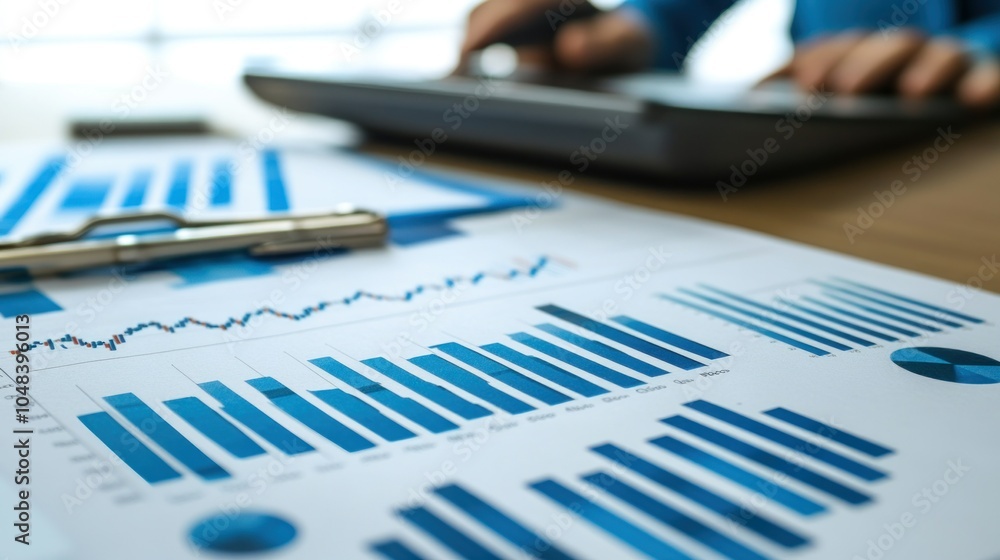 Poster close-up of blue bar graphs on a financial report
