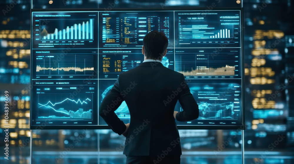 Poster a businessman stands in front of a large screen displaying data and charts, looking at the city skyl