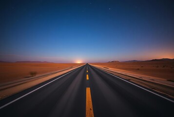 Naklejka premium Desert Road at Night A long straight road cutting through the de