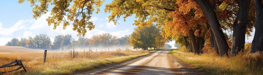 Naklejka premium A winding country road lined with trees in full autumn color, under a soft golden sunset, evoking the journey home for Thanksgiving.