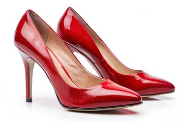 Two red high heels with a shiny finish