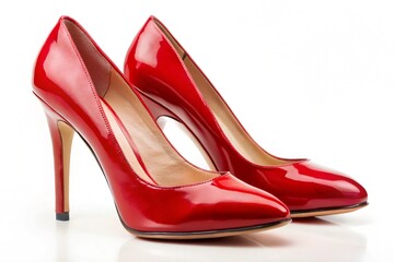 Two red high heels with a shiny finish