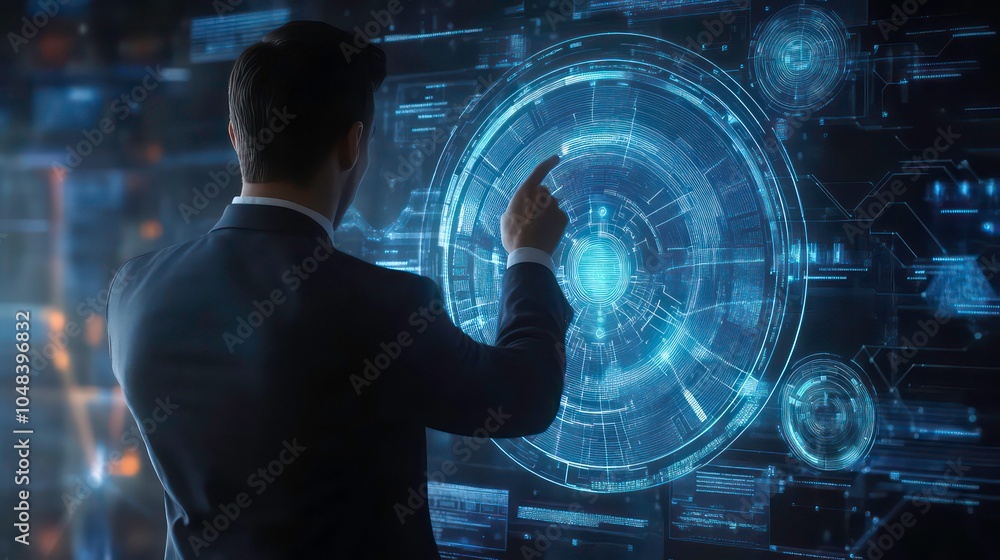 Poster a businessman interacts with a futuristic holographic interface, showcasing the potential of modern 