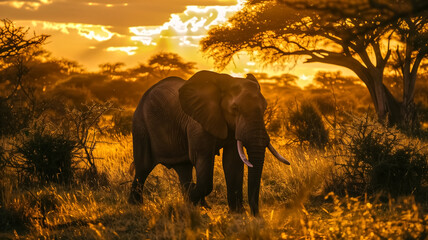 Naklejka premium Silhouette of an elephant walking through a savanna – under…
