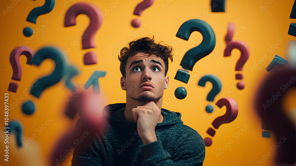 Poster young man is looking for a solution and is surrounded by many question marks