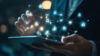 A person's hands holding a tablet with a glowing network of icons representing security and data protection, showing a concept of online security, cybersecurity, or data privacy.
