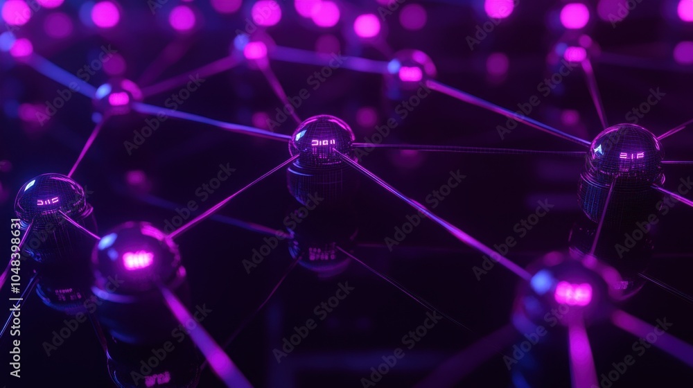 Poster abstract network of interconnected spheres illuminated with neon purple light
