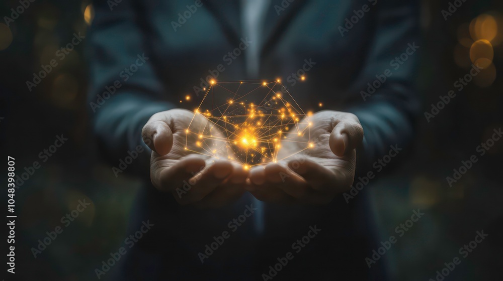 Poster A person holds their hands out, palms up, with a glowing network of lines connecting dots in the center of their hands.