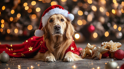 Xmas vibes - christmas mood - happy funny cute labrador / lgolden retriever wearing santa claus hat in front of christmas tree. Horizontal banner.