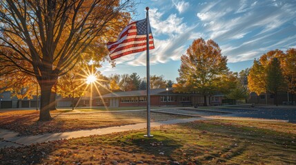 American Flag Waves in Autumnal Sunlight