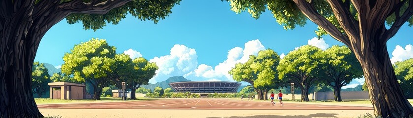 Obraz premium A vibrant outdoor sports field surrounded by trees and a stadium in the background.