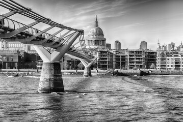 View of River Thames and Millennium Bridge,  London, England, UK