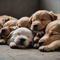 A group of puppies sleeping in a row, cuddled together.

