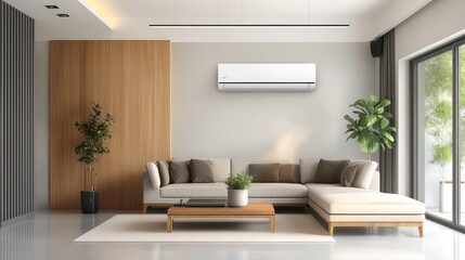 Fototapeta premium A modern living room with a white air conditioner mounted on the wall, a sectional sofa, a coffee table, and plants.